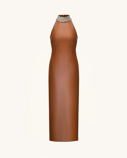 Jeweled High Neck Halter Maxi Dress - Caramel Brown