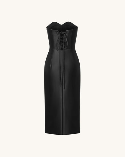 Iris Floral-Print Strapless Corset Leather Midi Dress - Black