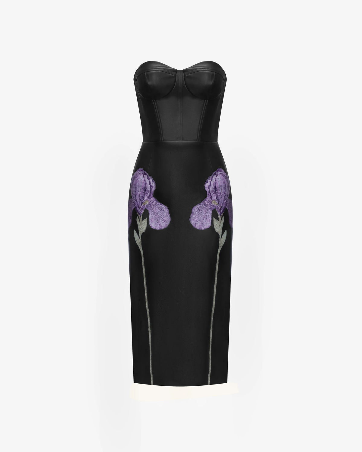 Iris Floral-Print Strapless Corset Leather Midi Dress - Black