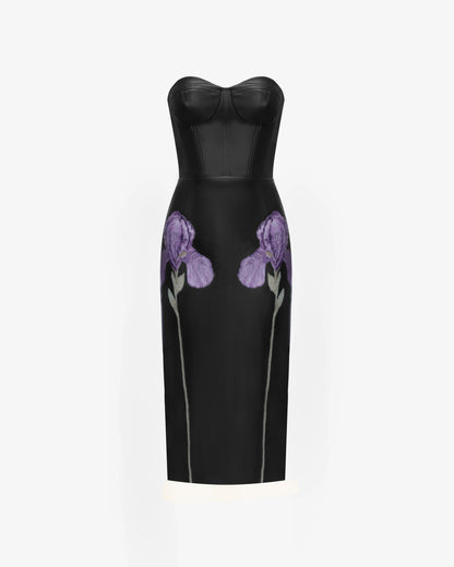 Iris Floral-Print Strapless Corset Leather Midi Dress - Black