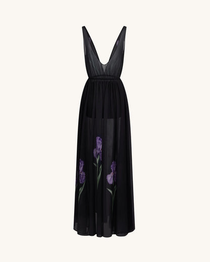 Sheer Floral Print Maxi Dress - Black