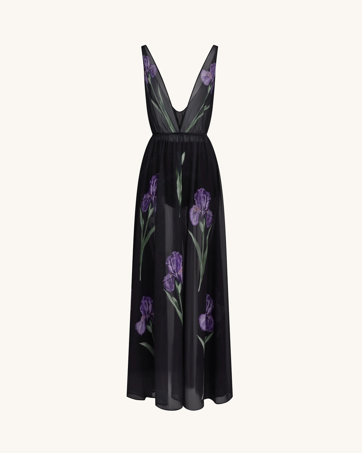 Sheer Floral Print Maxi Dress - Black