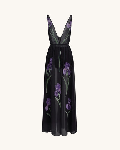 Sheer Floral Print Maxi Dress - Black