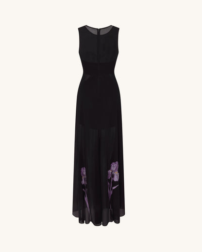 Sheer Floral Print Paneled Maxi Dress - Black