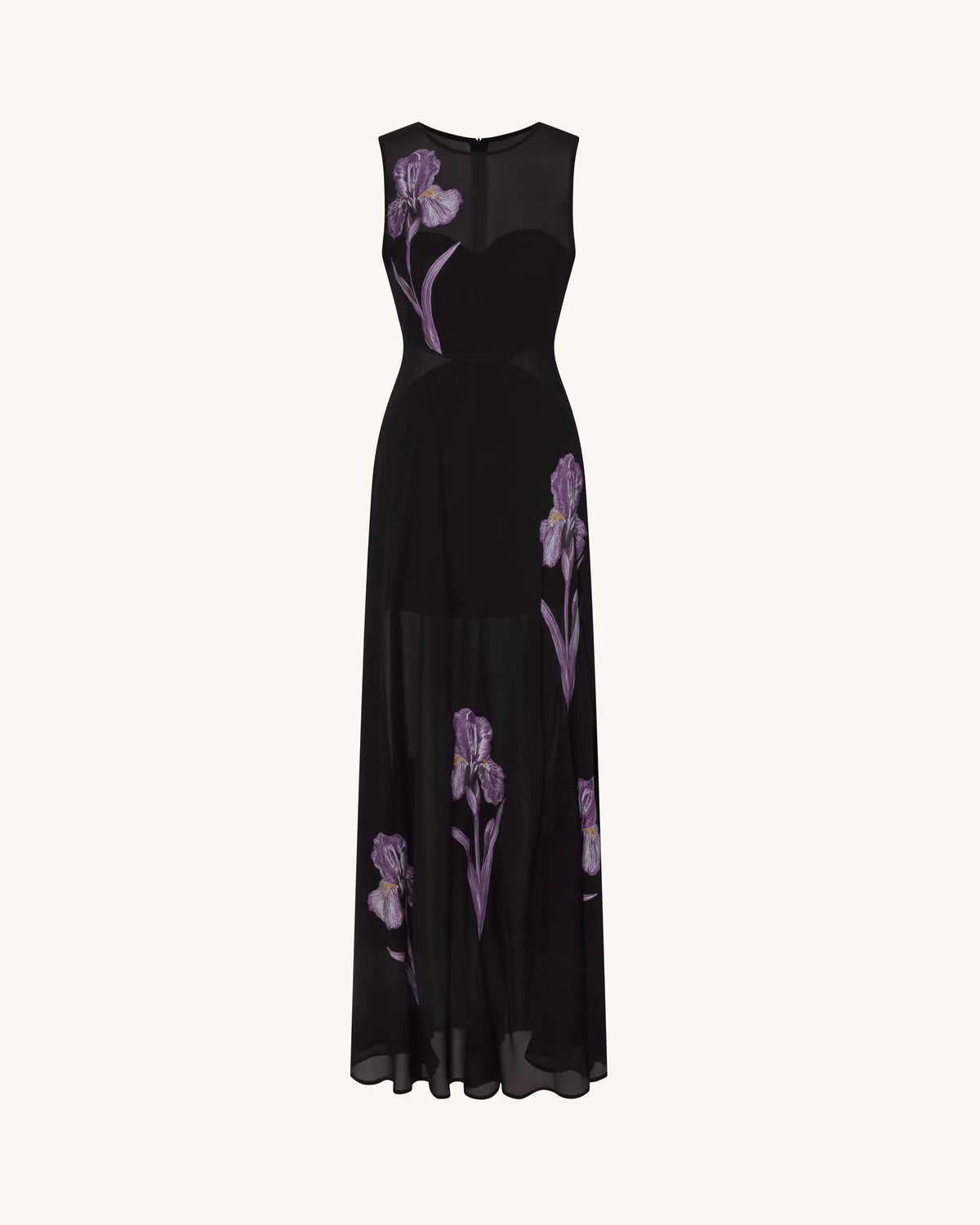 Sheer Floral Print Paneled Maxi Dress - Black