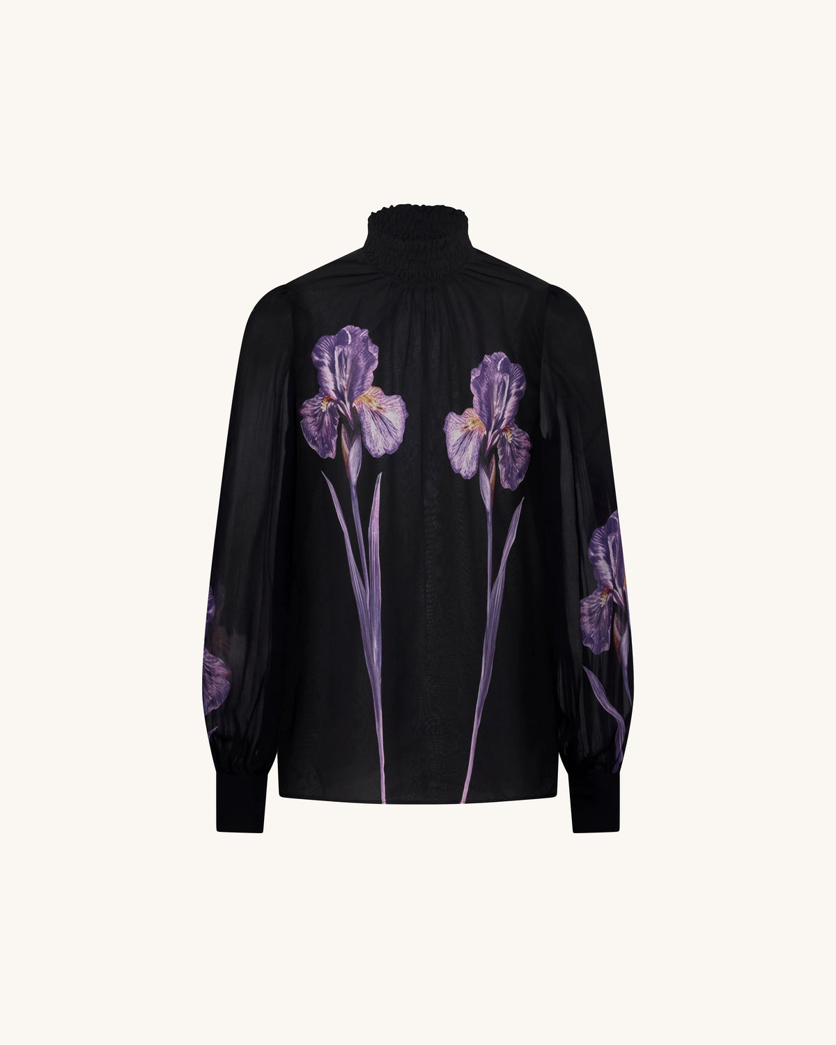 Iris Print Sheer High Neck Blouse - Black/Purple