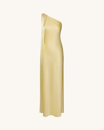 Fringe One Shoulder Maxi Dress - Champagne