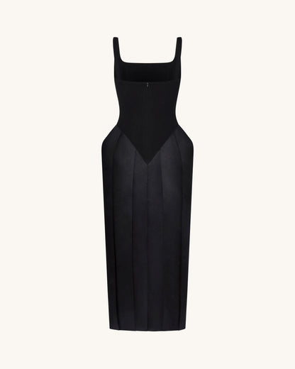 Square Neck Pannier Midi Dress - Black
