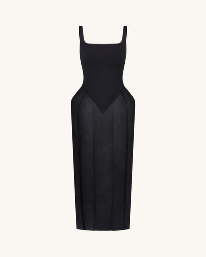Square Neck Pannier Midi Dress - Black