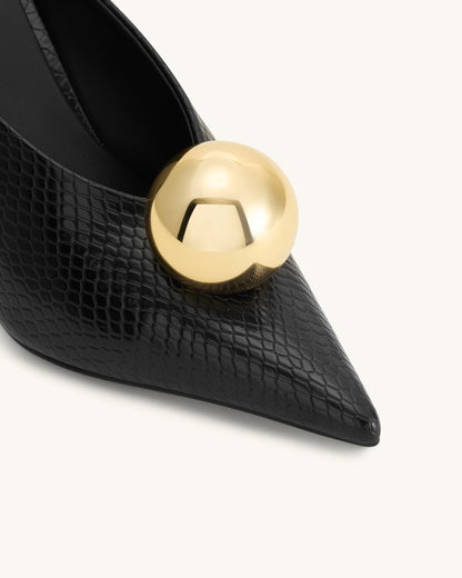 Sofia Angled Vamp Snakeskin Heel Mules - Black