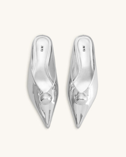 Helena Sphere Embellished Pointed Toe Mules - Silver