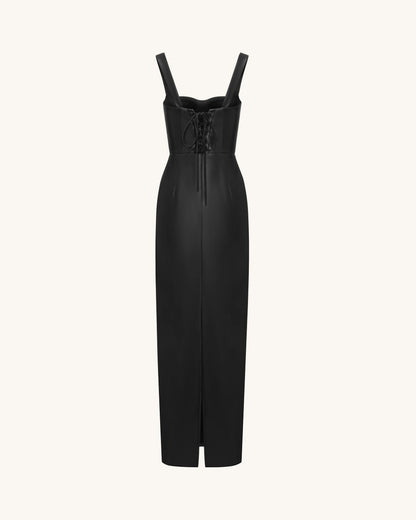 Iris Floral-Print Strappy Corset Leather Maxi Dress - Black