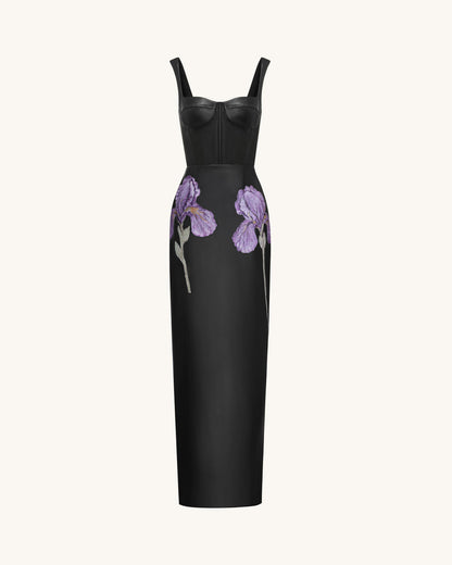 Iris Floral-Print Strappy Corset Leather Maxi Dress - Black