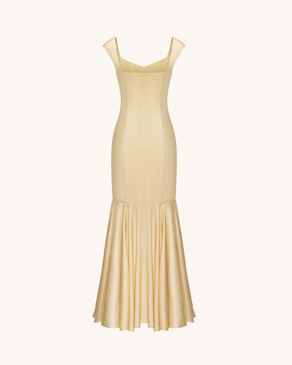 Iris Print Satin Mermaid Maxi Dress - Soft Yellow