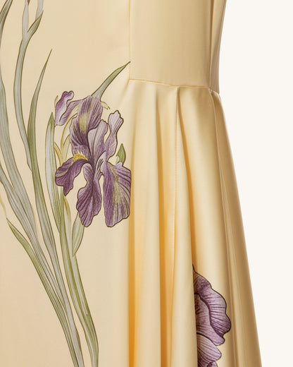 Iris Print Satin Mermaid Maxi Dress - Soft Yellow