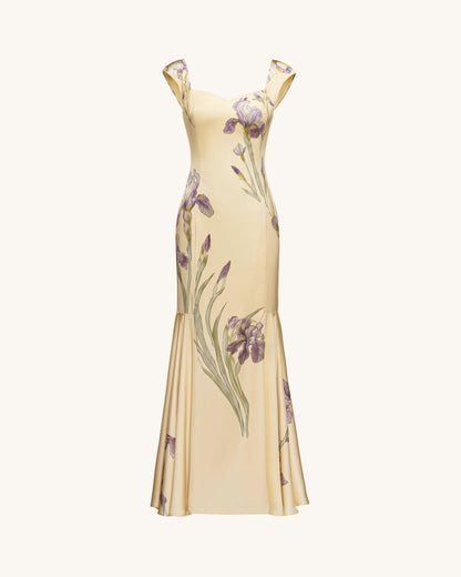 Iris Print Satin Mermaid Maxi Dress - Soft Yellow