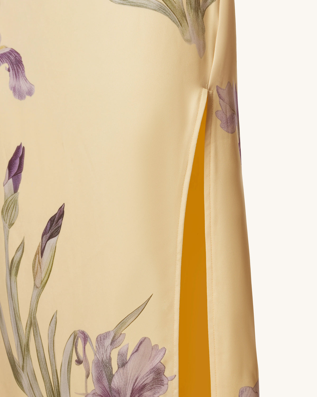 Iris Print Strapless Satin Slit Maxi Dress - Soft Yellow