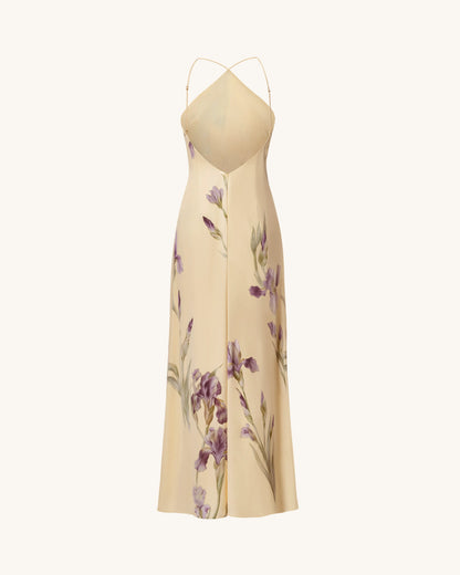 Iris Print Cross-Halter Open-Back Maxi Dress - Yellow