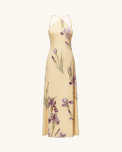 Iris Print Cross-Halter Open-Back Maxi Dress - Yellow