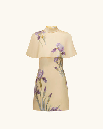 Iris Print Cape Overlay Mini Dress - Soft Yellow