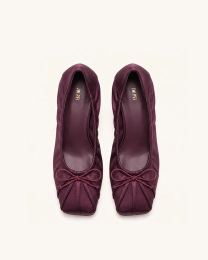 Solenne Satin Bow Ruched Pumps - Burgundy