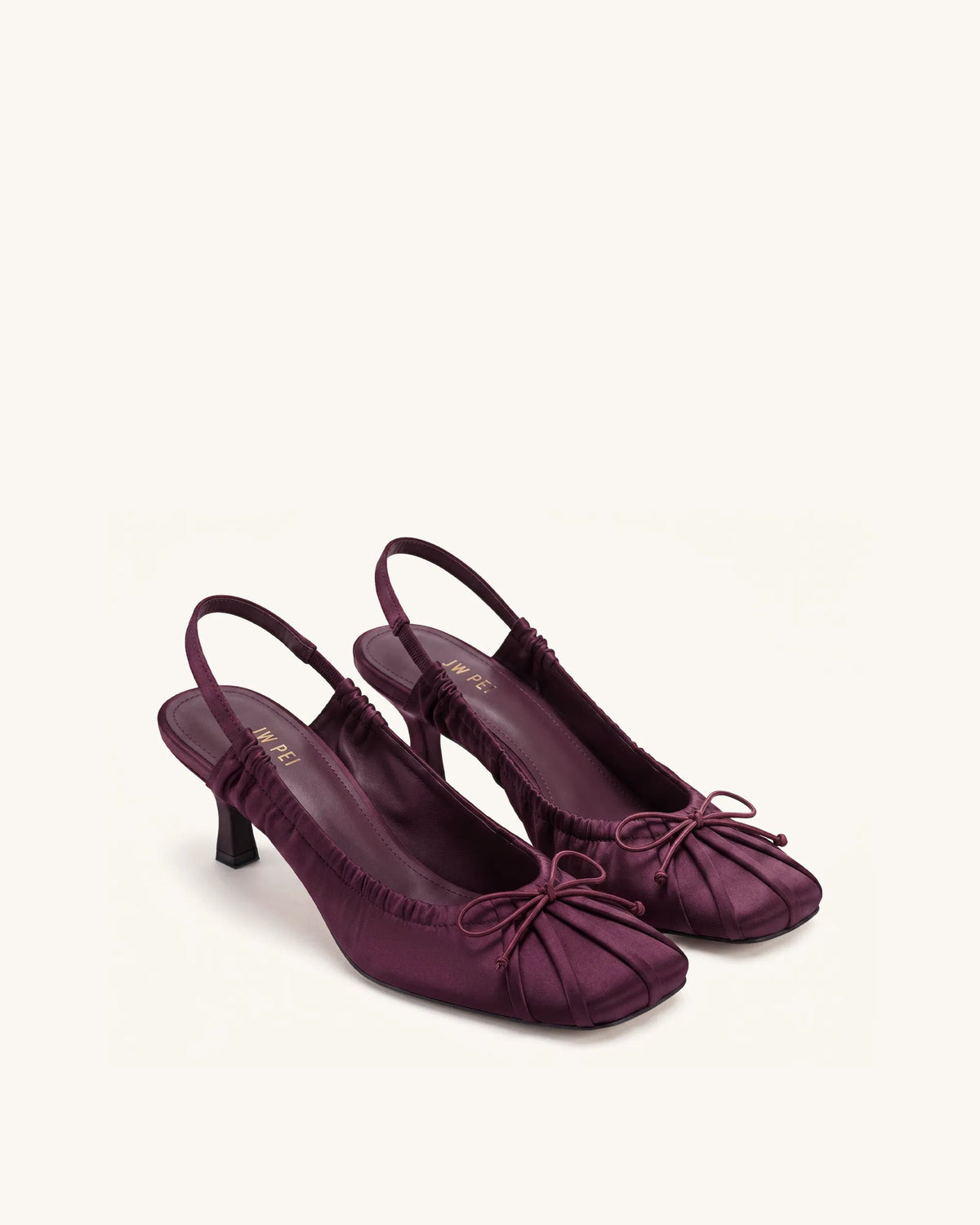 Solenne Satin Bow Ruched Slingback Pumps - Burgundy