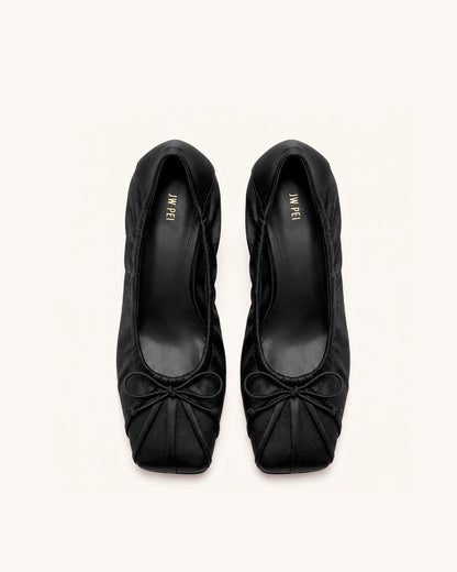 Solenne Satin Bow Ruched Pumps - Black