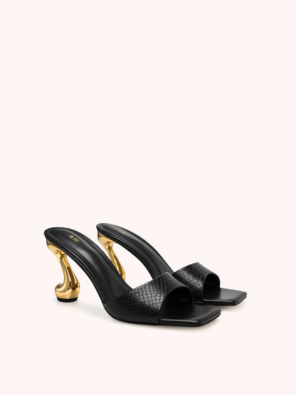 Hannah Faux Snakeskin Heel Mules - Black