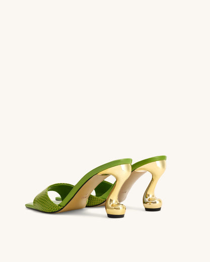 Hannah Snakeskin Heel Mules - Green
