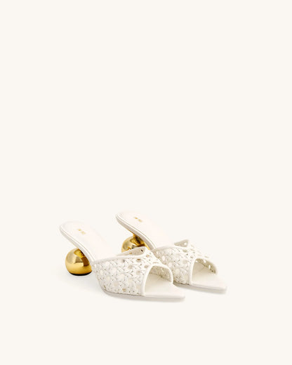 Ellie Woven Sphere Heel Mules - White