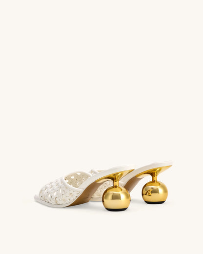 Ellie Woven Sphere Heel Mules - White
