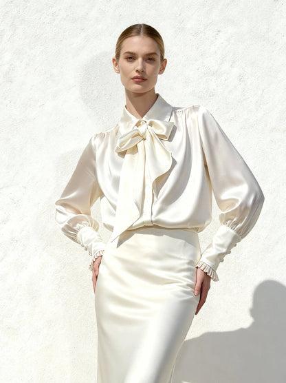 Ribbon Tie Balloon Sleeve Blouse - White