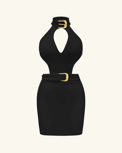Gabriella Belted Cutout Halter Mini Dress - Black