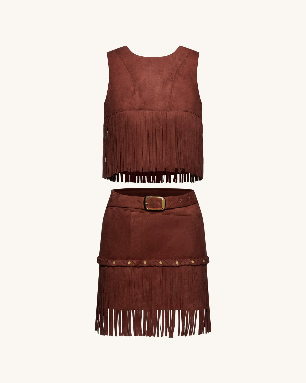 Western-Style Sueded Fringe Skirt - Burgundy