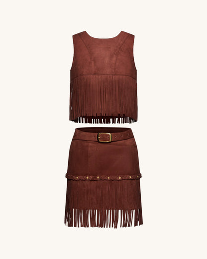 Western-Style Sueded Fringe Skirt - Burgundy
