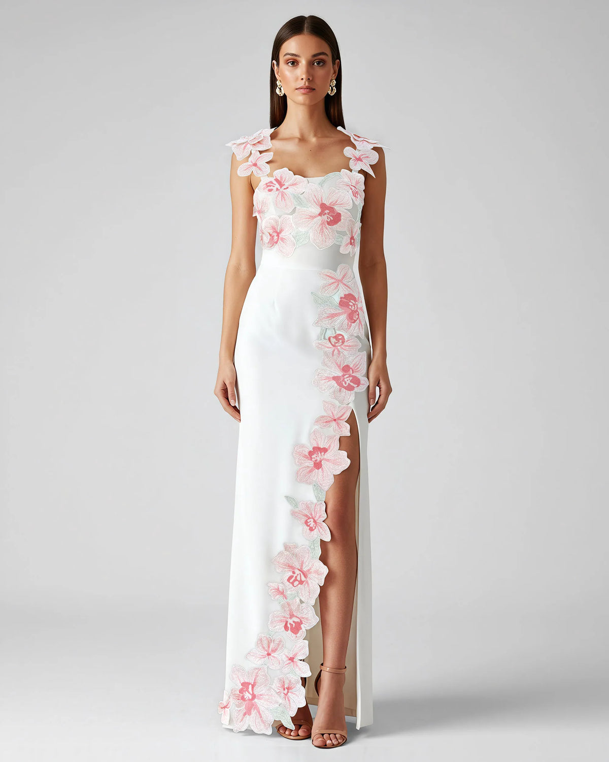 Flower Embroidered Dress - White/Pink