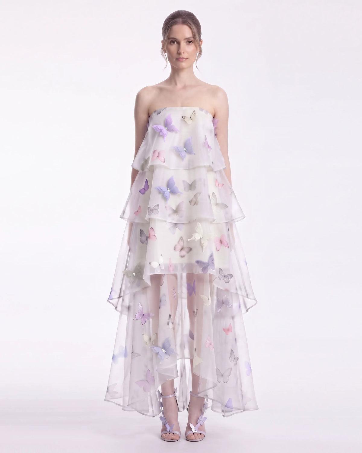 Butterfly Appliqué Tiered Strapless High-Low Dress - Ivory