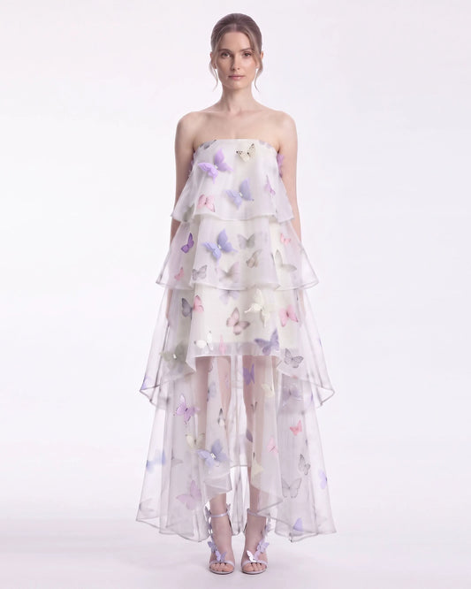 Butterfly Appliqué Tiered Strapless High-Low Dress - Ivory