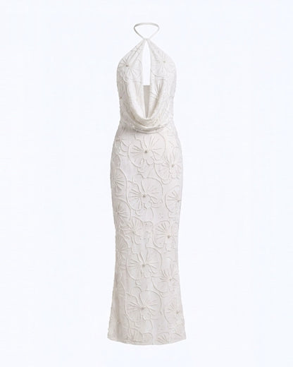 Orchid Beaded Embroidered Keyhole Cowl Halter Maxi Dress - White