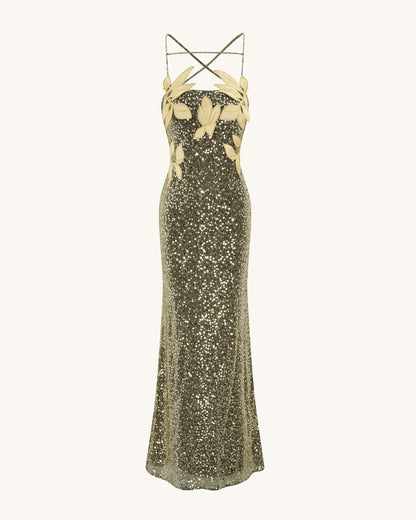 Araminta Sequined Gown with Floral Details - Gold