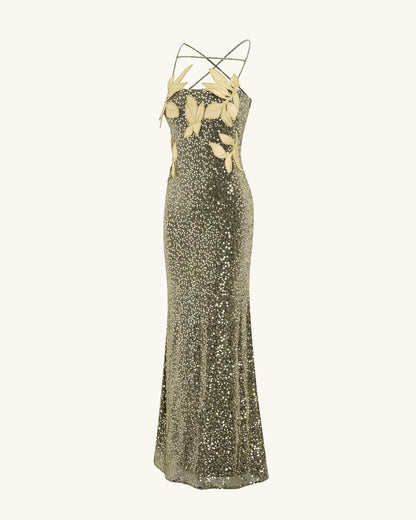 Araminta Sequined Gown with Floral Details - Gold