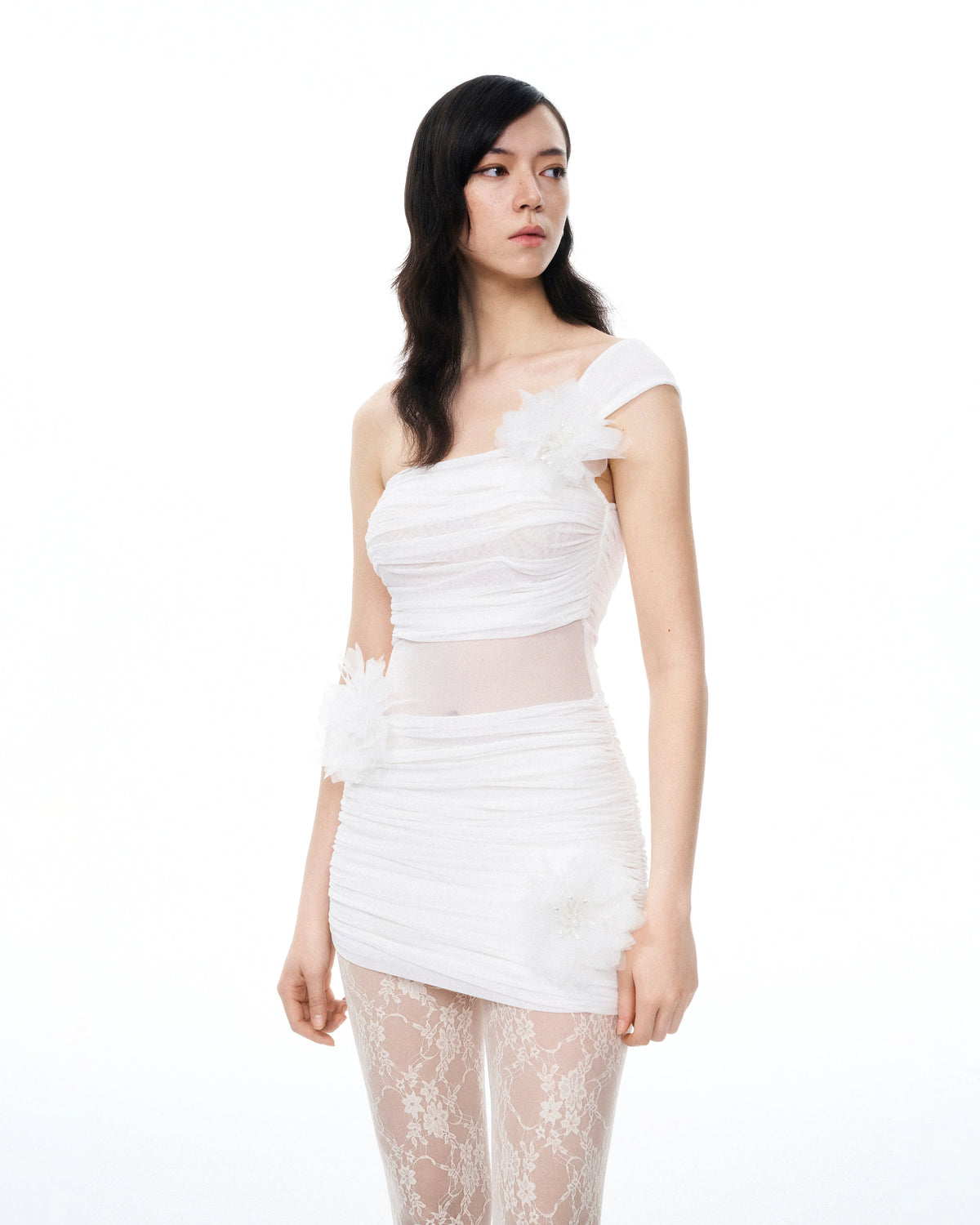 Isidore 3D Floral Wrinkles Mini Dress - White