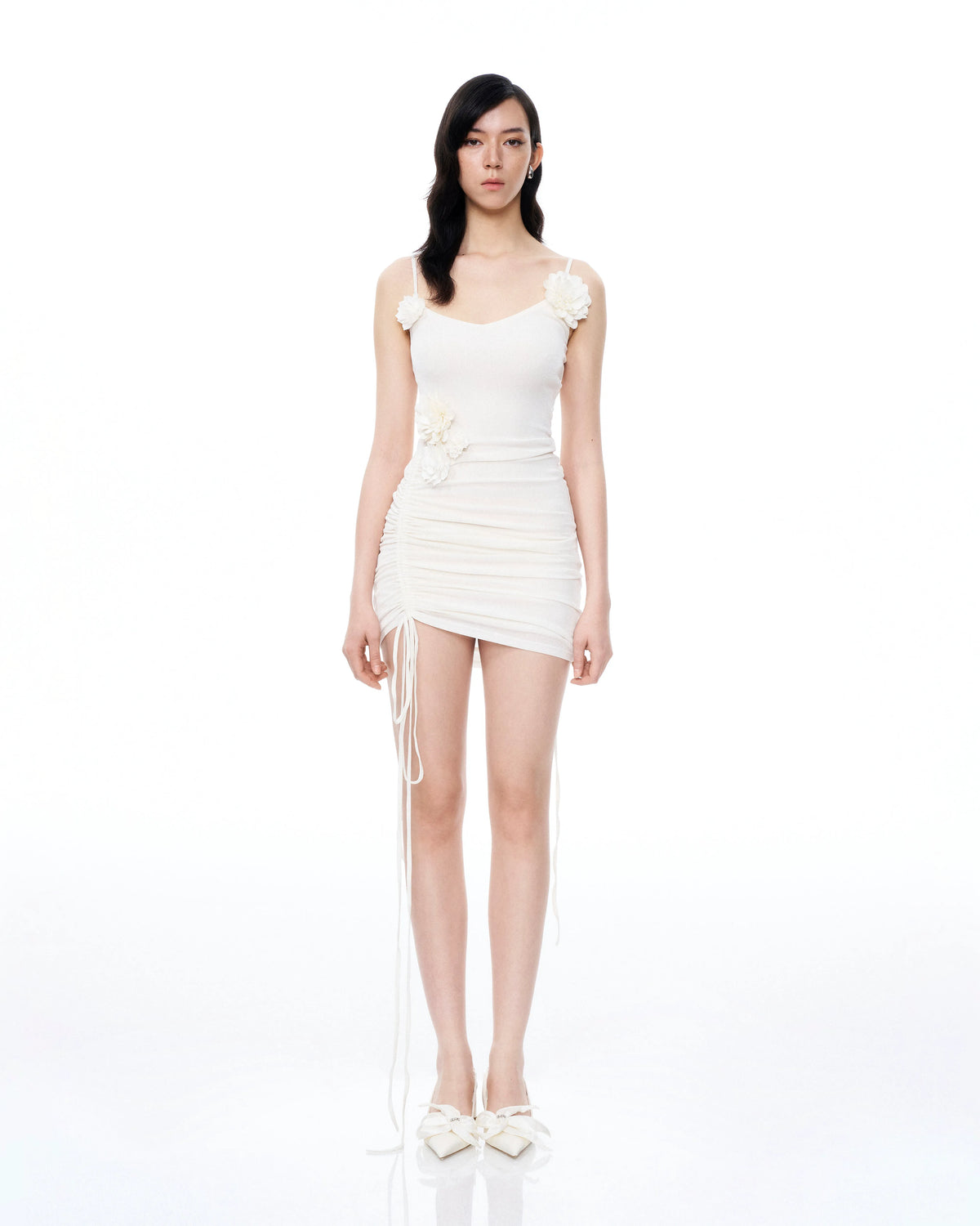 Luciana 3D Floral Pleats Mini Dress - White