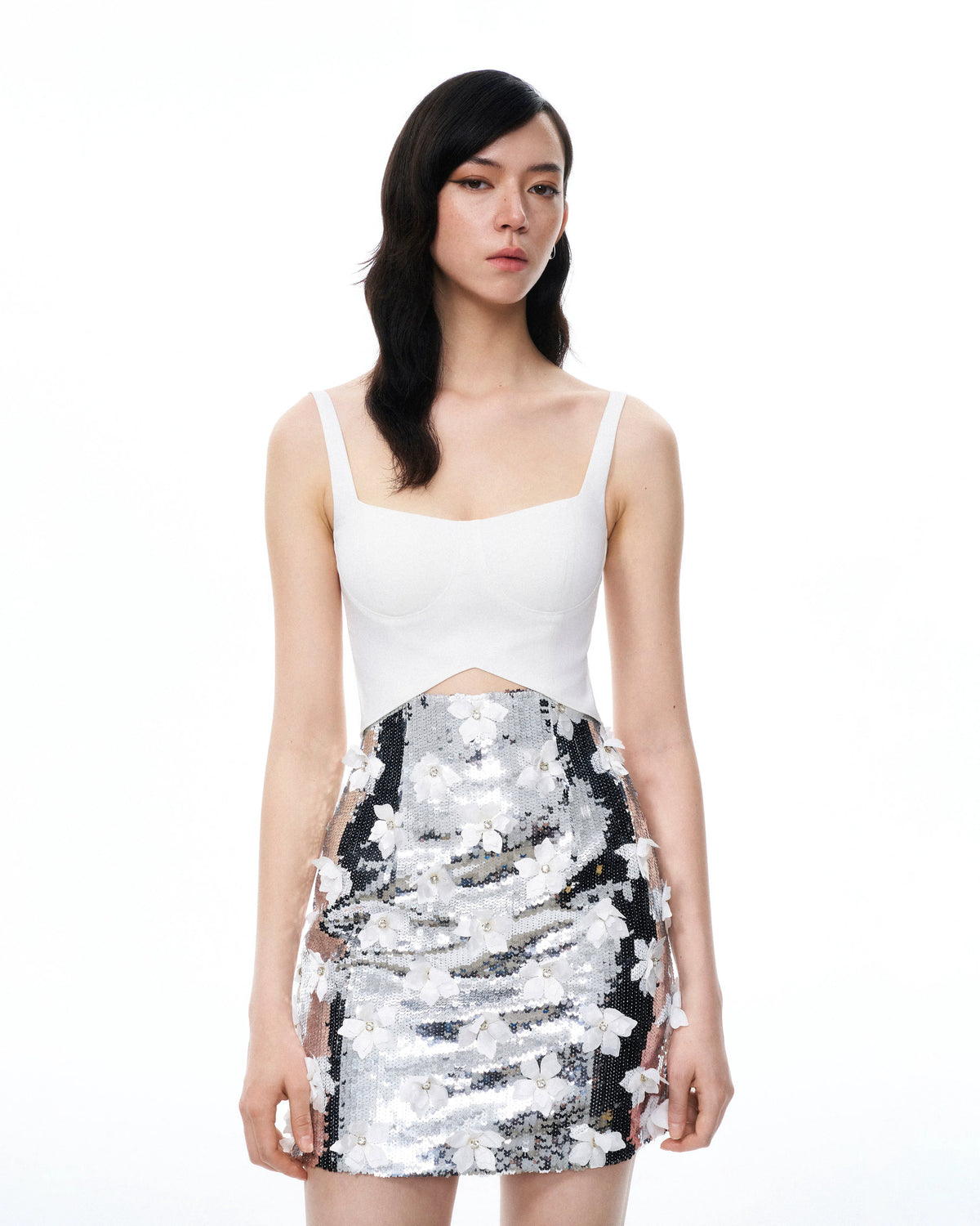 Arabella 3D Floral Sequin Embroidered Mini Dress - White