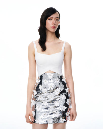 Arabella 3D Floral Sequin Embroidered Mini Dress - White