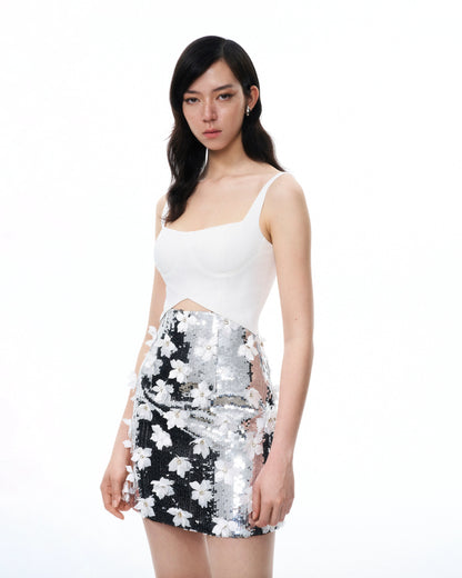 Arabella 3D Floral Sequin Embroidered Mini Dress - White