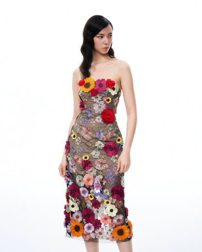 Isolde 3D Floral Embroidered Maxi Dress - Black Multi