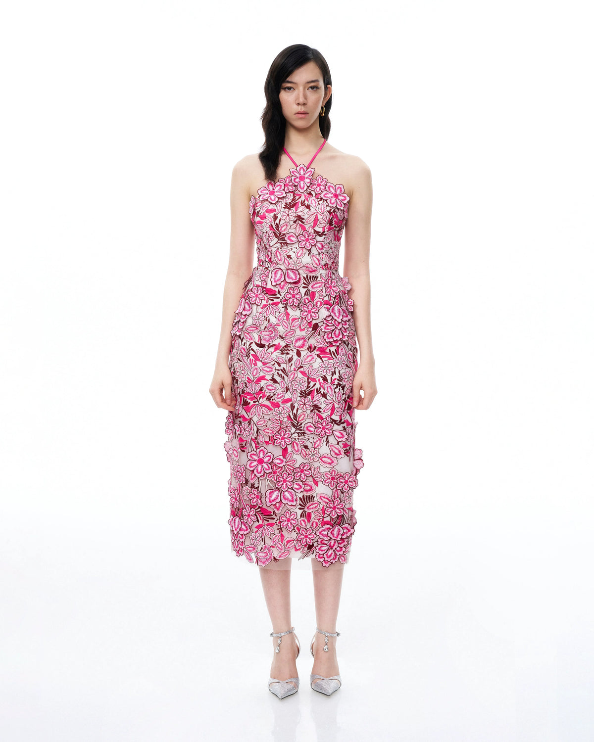Fiora Halter Neck Floral Embroidered Maxi Dress - Rose Red