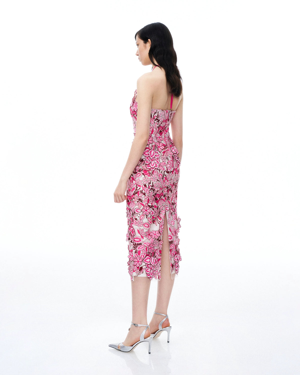 Fiora Halter Neck Floral Embroidered Maxi Dress - Rose Red