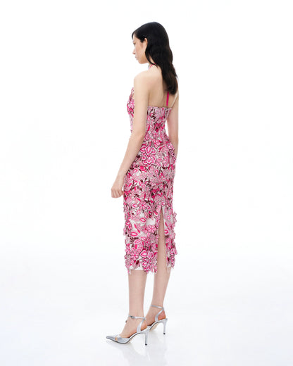 Fiora Halter Neck Floral Embroidered Maxi Dress - Rose Red